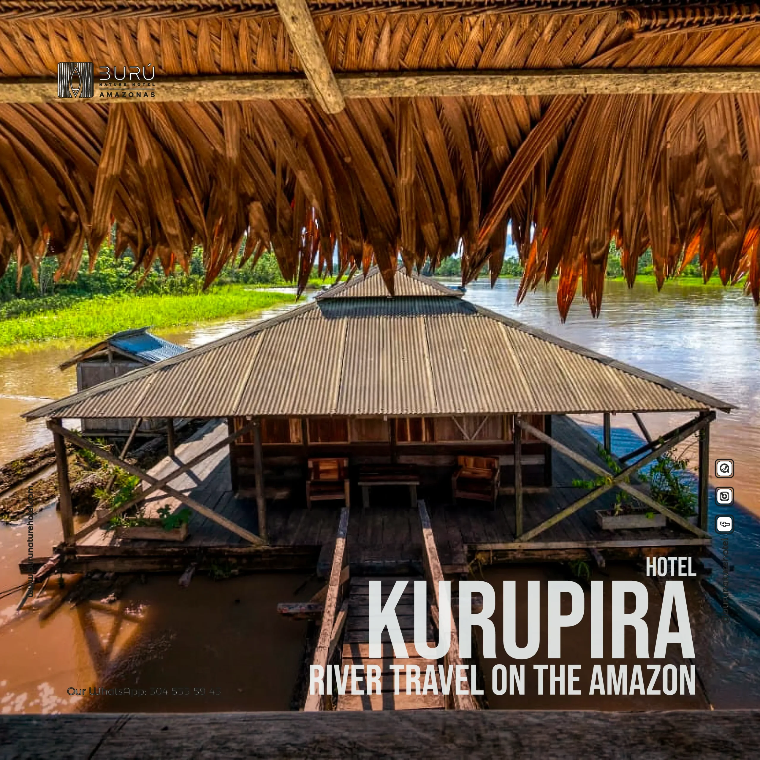 Hotel de lujo en el Amazonas Burú Nature Hotel en Leticia, Colombia, mostrando suites exclusivas en la selva y tours fluviales premium con Siempre Colombia. Amazon luxury hotel Burú Nature Hotel in Leticia, Colombia, featuring exclusive jungle suites and premium river tours with Siempre Colombia.