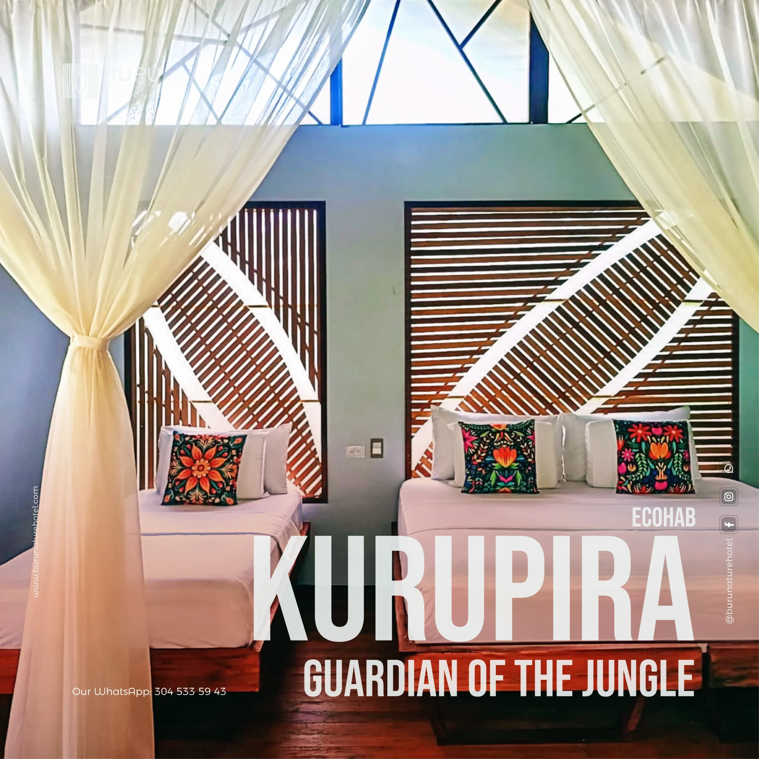 Hotel de lujo en el Amazonas Burú Nature Hotel en Leticia, Colombia, mostrando suites exclusivas en la selva y tours fluviales premium con Siempre Colombia. Amazon luxury hotel Burú Nature Hotel in Leticia, Colombia, featuring exclusive jungle suites and premium river tours with Siempre Colombia.
