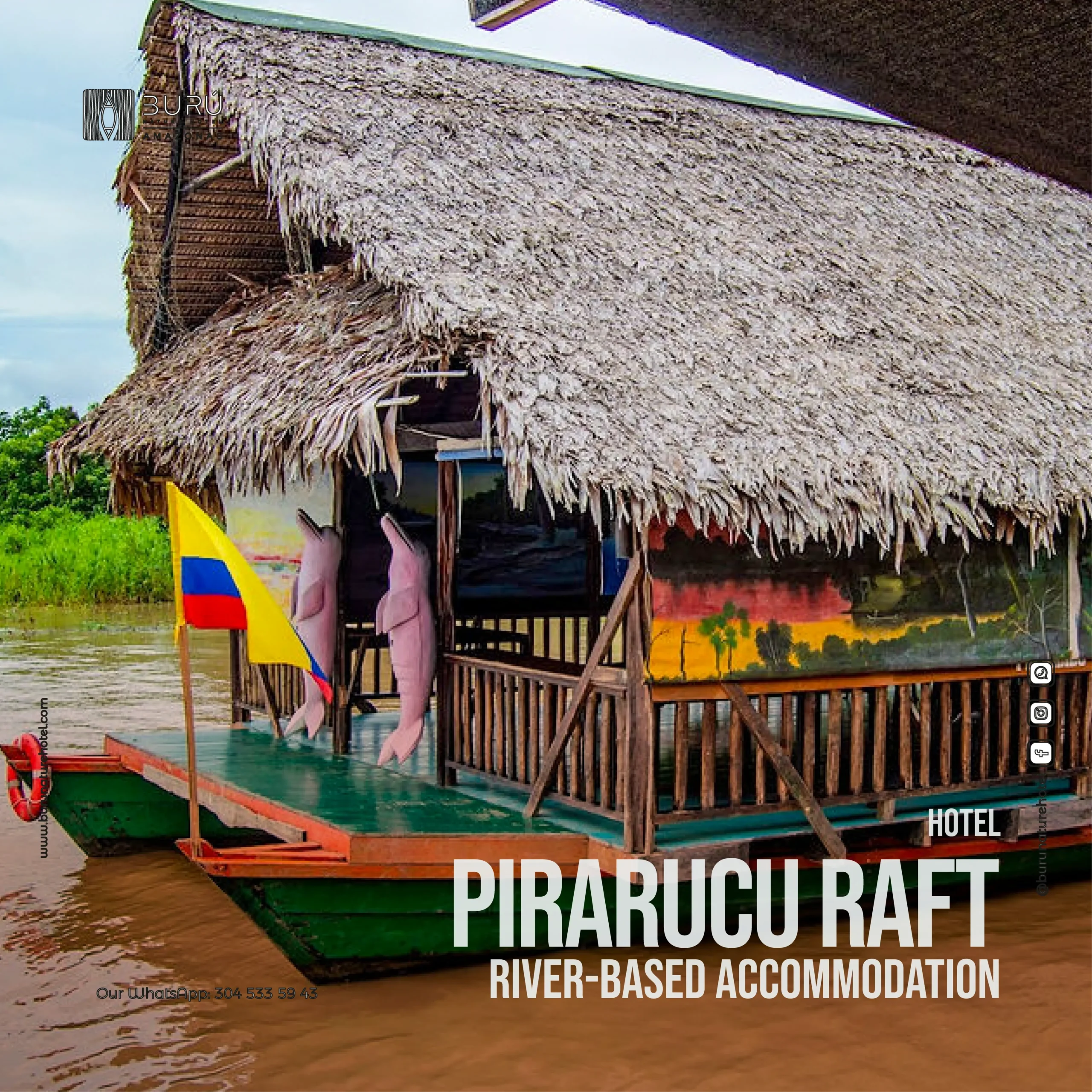 Hotel de lujo en el Amazonas Burú Nature Hotel en Leticia, Colombia, mostrando suites exclusivas en la selva y tours fluviales premium con Siempre Colombia. Amazon luxury hotel Burú Nature Hotel in Leticia, Colombia, featuring exclusive jungle suites and premium river tours with Siempre Colombia.
