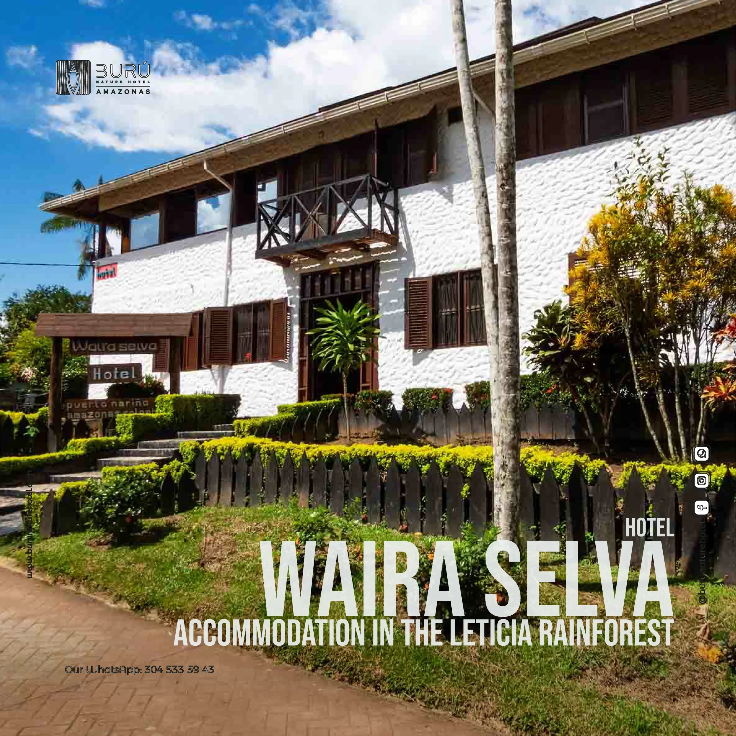 Hotel de lujo en el Amazonas Burú Nature Hotel en Leticia, Colombia, mostrando suites exclusivas en la selva y tours fluviales premium con Siempre Colombia. Amazon luxury hotel Burú Nature Hotel in Leticia, Colombia, featuring exclusive jungle suites and premium river tours with Siempre Colombia.
